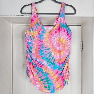 Lands' End Tie-Dye Tankini Swimsuit Top Neon Pink Hippie Swimwear 14 D Large